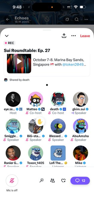 Screenshot of an Echoes (X/Twitter) audio chat room titled 'Sui Roundtable: Ep. 27' scheduled for October 7-8 at Marina Bay Sands, Singapore, showing co-hosts Matteo, death, and gkim.sui along with various speakers including Smiggle, BIG-sta, Blessed, AbuAmsha, Ranier, Toxon, Lofi The, and Mike.