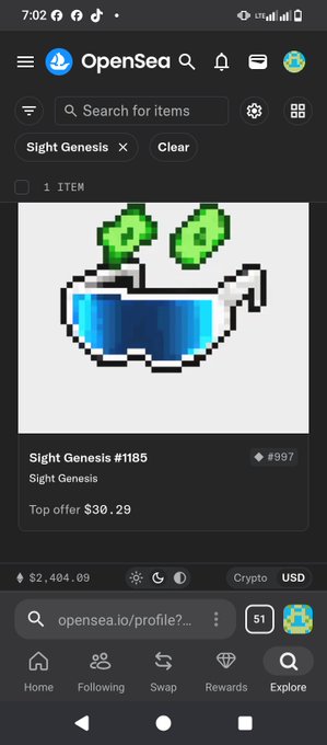 An OpenSea mobile app screenshot showing a pixel art NFT called "Sight Genesis #1185" from the Sight Genesis collection, with a top offer of $30.29.