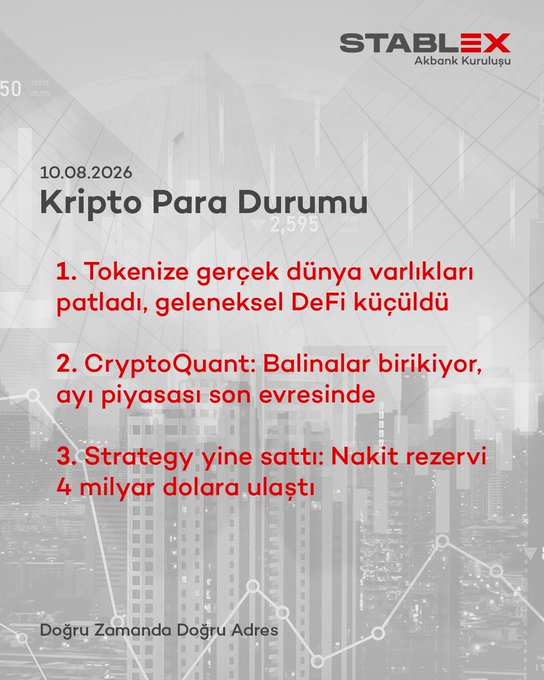 A Turkish-language cryptocurrency infographic titled 'STABLEX' dated '10.08.2026' covers 'Kripto Para Durumu' (Crypto Currency Status), listing news that tokenization of real-world assets has exploded, whales are accumulating per CryptoQuant, and Strategy's cash reserves reached $4 billion.