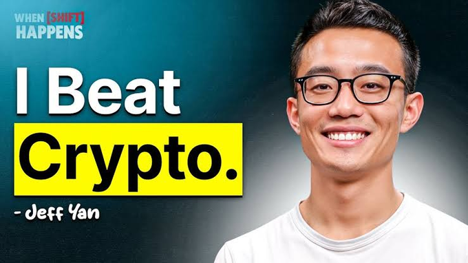 A podcast thumbnail featuring a smiling man with glasses and the text 'WHEN [SHIFT] HAPPENS', 'I Beat Crypto.', and '- Jeff Yan'.