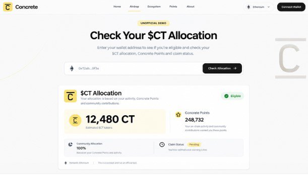 The image displays the Concrete airdrop dashboard showing an allocation check interface with a wallet address, revealing 12,480 $CT tokens and 248,732 Concrete Points, with a pending claim status, directly illustrating the post's topic about upcoming $CT claiming and Concrete points tracking.