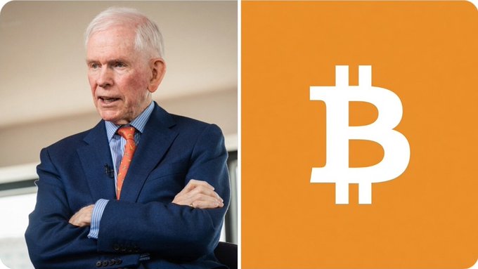 The image is a split composition: on the left, billionaire investor Jeremy Grantham is shown in a dark suit with an orange tie, arms crossed, and on the right, the Bitcoin logo appears on an orange background, illustrating his bearish prediction that Bitcoin's value will collapse to zero.