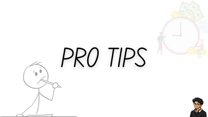 A graphic illustration featuring a stick figure holding a pencil next to the bold text 'PRO TIPS', with a faded background image of people working around a large clock and money.