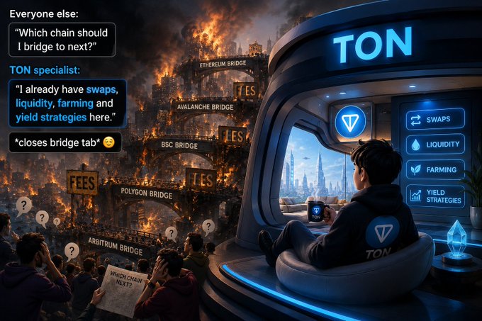 A meme contrasting confused crypto users asking 'Which chain should I bridge to next?' amid burning bridges (Ethereum, Avalanche, BSC, Polygon, Arbitrum) with a TON specialist calmly closing the bridge tab, saying 'I already have swaps, liquidity, farming and yield strategies here,' featuring TON branding and options like Swaps, Liquidity, Farming, and Yield Strategies.