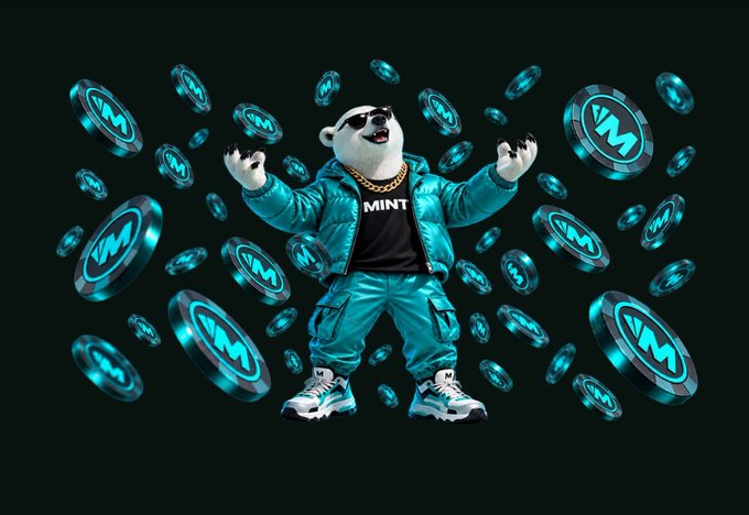 A 3D-rendered panda character wearing sunglasses, a gold chain, and a teal tracksuit with 'MINT' on the shirt is surrounded by floating teal coins marked with 'M'.