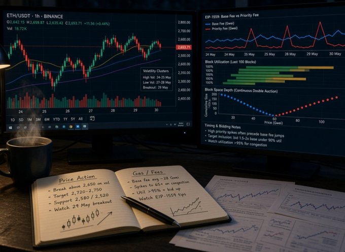 A trading desk setup with monitors displaying ETH/USDT charts on Binance and EIP-1559 base vs priority fee data, alongside handwritten notes on price action and gas fees.