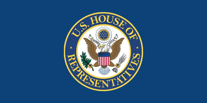The image displays the official seal of the U.S. House of Representatives on a blue background, featuring an eagle holding a shield with the text "U.S. HOUSE OF REPRESENTATIVES." It relates to the post by symbolizing legislative action, as the House, alongside the Senate, would be involved in considering the updated CLARITY Act draft released by Senate Republicans.