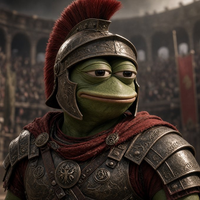 A digital artwork of a Pepe the Frog character dressed as a Roman gladiator, wearing an ornate metal helmet with a red plume and detailed armor in a colosseum setting.