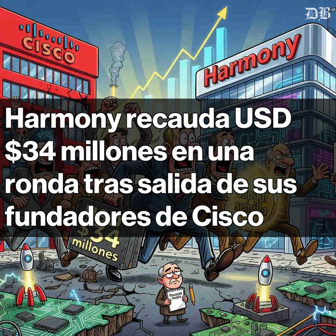 A satirical illustration depicting businessmen celebrating with $34 million as Cisco founders leave, with Spanish text reading 'Harmony recauda USD $34 millones en una ronda tras salida de sus fundadores de Cisco.'