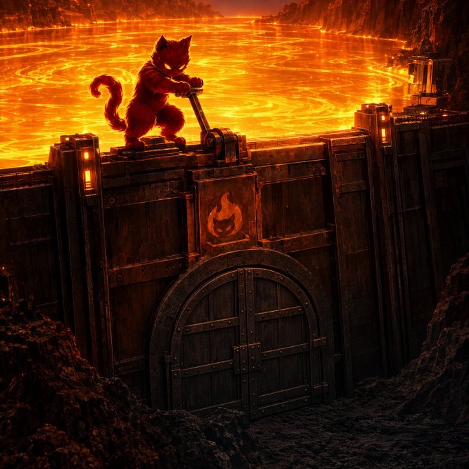 A small red, cat-like creature operates a lever atop a massive, dark metal gate, holding back a vast lake of glowing orange lava.