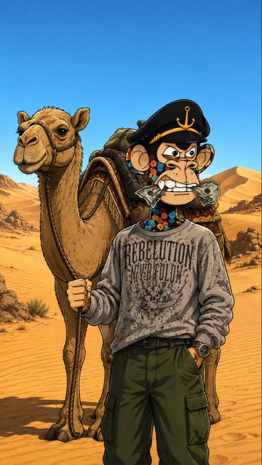 An illustration of an anime-style monkey character wearing a grey 'Rebelution' sweatshirt and a captain's hat, standing in a desert with a camel.