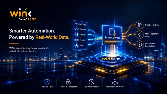 A promotional graphic for 'WiNK LINK' advertises 'Smarter Automation. Powered by Real-World Data,' illustrating how external data sources like Weather, Market, Events, and APIs feed into a Smart Contract for Automated Execution, with icons highlighting Reliable Data, Secure & Transparent, Real-time Updates, and Decentralized Network.