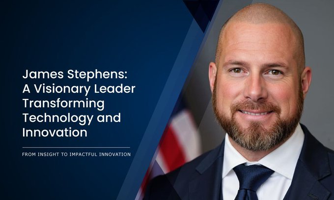 A professional banner featuring James Stephens, titled 'A Visionary Leader Transforming Technology and Innovation' with the subtitle 'From Insight to Impactful Innovation'.