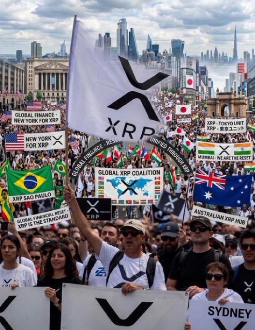 A large crowd, holding banners and flags for XRP, rallies in a city, advocating for "Global Finance" and a "Global Financial Reset." This image visually represents the passionate community behind XRP, aligning with the post's theme of accumulating crypto assets.