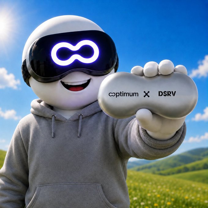 A 3D-rendered mascot character wearing an infinity-symbol VR headset holds out a cloud-shaped object labeled 'optimum X DSRV' against a sunny grassy field.
