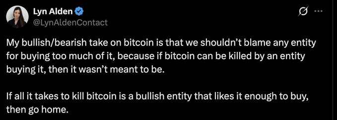 The image shows a text message or social media post written by a person named Lynn Alden. The content of the post seems to be related to the topic of cryptocurrency trading. It starts with an explanation about the bearish/bullish nature of trading strategies, and then goes on to discuss how one should not blame any entity for dumping too much MSTR (Market Trading System). The message concludes by suggesting that if someone wants to kill MSTR, they should sell it enough to make it go away.
