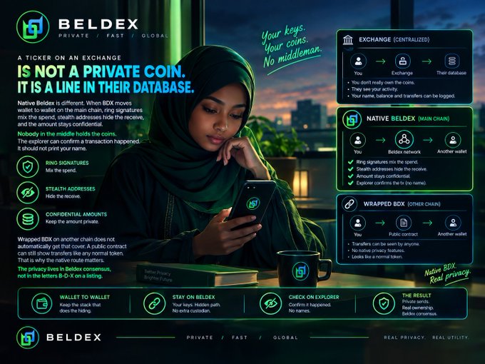 A promotional infographic for BELDEX cryptocurrency explains privacy features with the headline "A TICKER ON AN EXCHANGE IS NOT A PRIVATE COIN. IT IS A LINE IN THEIR DATABASE." alongside an image of a woman in a green hijab using a phone.
