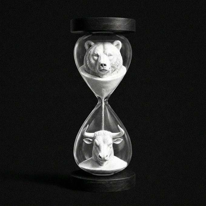 A black and white image of an hourglass where white sand has formed the shape of a bear's head in the top bulb and a bull's head in the bottom bulb, symbolizing the bear and bull markets of finance.