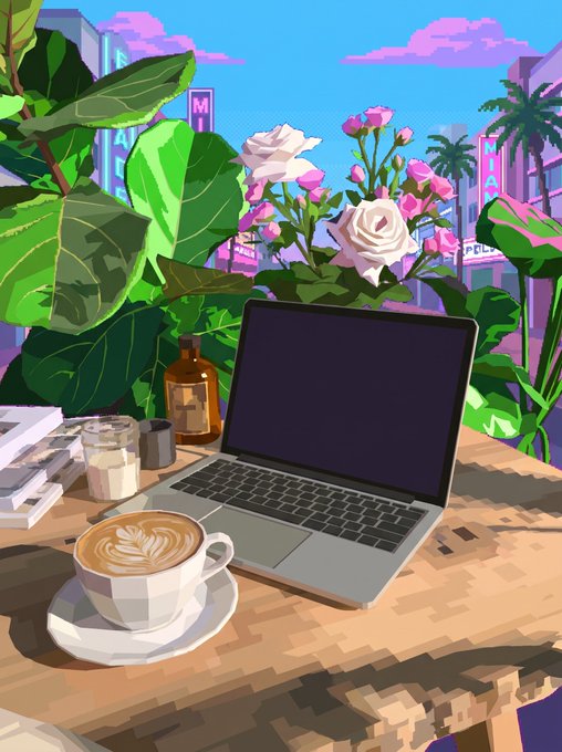 A cozy workspace scene with a laptop, latte art coffee, and lush plants set against a vibrant pink and purple cityscape. The "g——————m" caption likely hints at a "grind mode" or work-from-anywhere aesthetic, fitting the productive yet relaxing vibe.