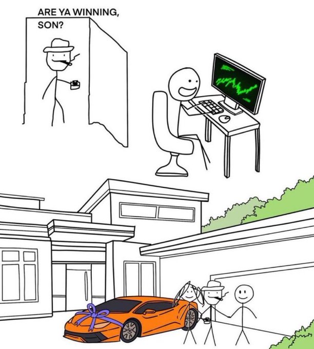 The image is a two-panel comic: the top shows a father peeking through a door asking "ARE YA WINNING, SON?" to a stick figure at a computer displaying a green upward-trending chart, and the bottom shows the same family celebrating with an orange Lamborghini as a gift. It relates to the post's "You will be rich very soon / start to $MANIFEST" message by humorously illustrating the crypto "moon" fantasy—where monitoring a rising chart leads to sudden wealth and a luxury car.