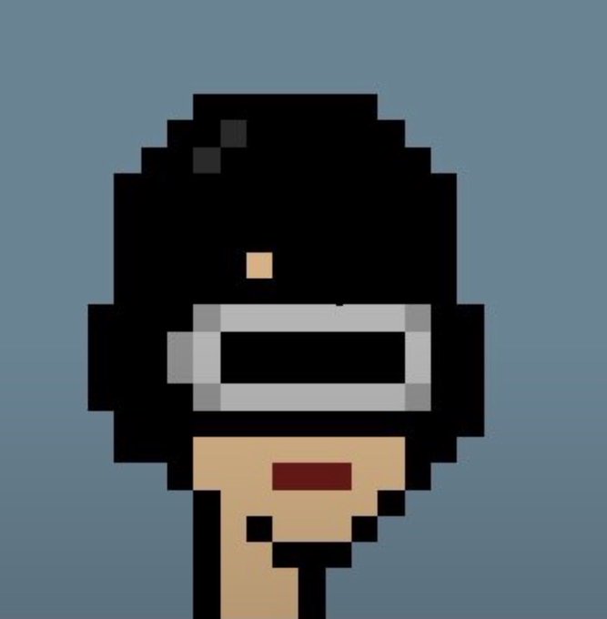 A pixel art illustration of a figure wearing a black Darth Vader-style helmet with goggles.