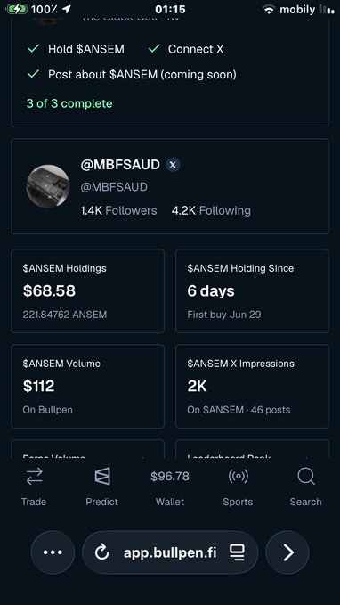 The image shows a Bullpen app profile dashboard for @MBFSAUD displaying their $ANSEM portfolio stats—$68.58 holdings (221.84K ANSEM), $112 volume, 2K impressions, and 6 days of holding since June 29—reflecting uncertainty about whether to hold or sell their position. The completed tasks at the top ("Hold $ANSEM," "Connect X," and an upcoming post about $ANSEM) suggest the user has already committed to the token but is now second-guessing their decision.