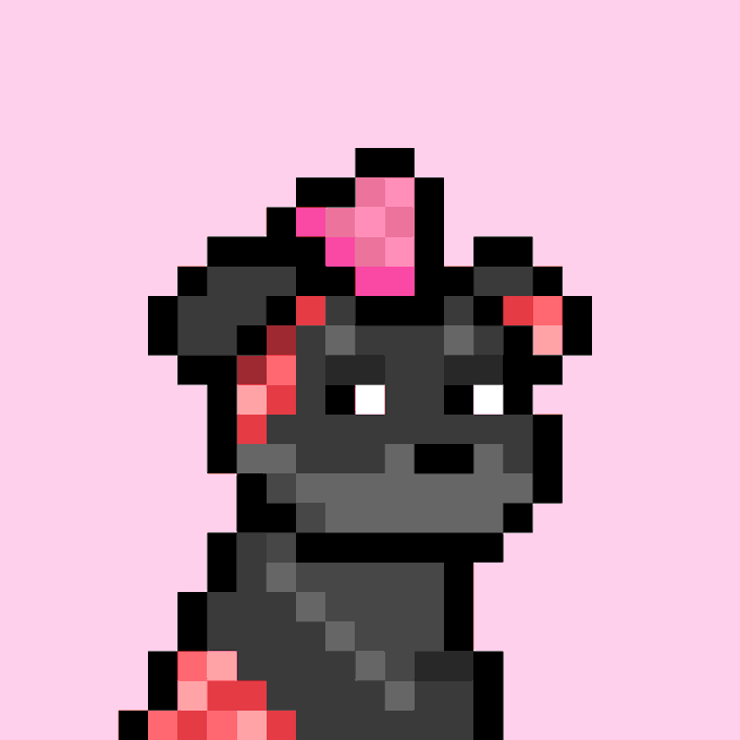 A pixel art illustration of a small black dragon-like creature with pink and red accents and glowing white eyes on a pink background.