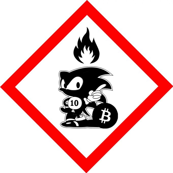 A red diamond-bordered warning-style sign featuring a flame icon above a black-and-white cartoon character holding a billiard 10-ball and a Bitcoin symbol.