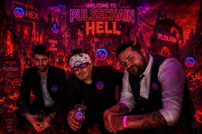 Three men with devil horns and crypto-themed attire are pictured at "Pulsechain Hell," an image that visually represents the sentiments surrounding Pulsechain. The neon signs "Welcome to Pulsechain Hell," "HEX," "STAKE OR BURN," and "PLSX.FUN" are visible throughout the fiery, hellish landscape.