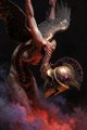 A dark, ominous digital painting depicts a skeletal, demonic figure with a skull-like face emerging from shadows and flames, with a glowing circular element on its chest.