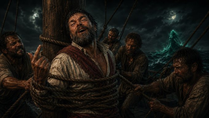 A dramatic illustration depicts a bearded man tied to a ship's mast with thick ropes at night while his crew struggles around him.