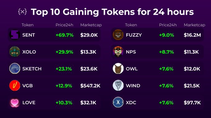 A purple-themed graphic titled 'Top 10 Gaining Tokens for 24 hours' listing cryptocurrency tokens including SENT (+69.7%), XOLO (+29.9%), SKETCH (+23.1%), FUZZY (+9.0%), and others with their price changes and market caps.