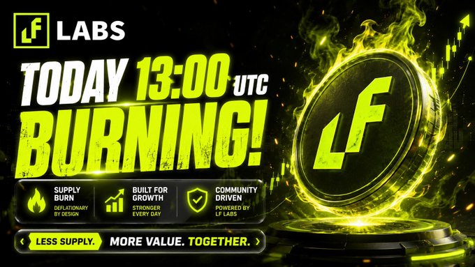 A promotional graphic for LF Labs announces a token burn event happening today at 13:00 UTC, featuring a flaming green LF coin alongside key value points: "Supply Burn," "Built for Growth," and "Community Driven," with the tagline "Less Supply. More Value. Together." The image visually reinforces the accompanying post's message about the $LF token burn by emphasizing the fiery "burning" theme and the deflationary supply reduction.