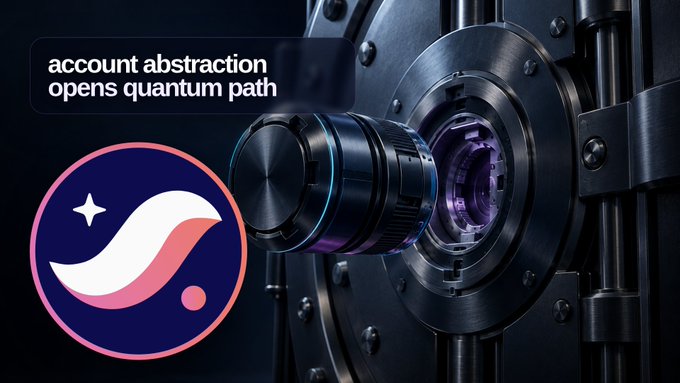 A digital graphic featuring a vault door, a logo with a crescent moon and stars, and text reading "account abstraction opens quantum path".