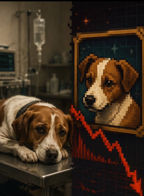 A split image showing a sad beagle dog lying on a veterinary table on the left, and a pixelated portrait of the same dog with a declining red chart graph on the right.