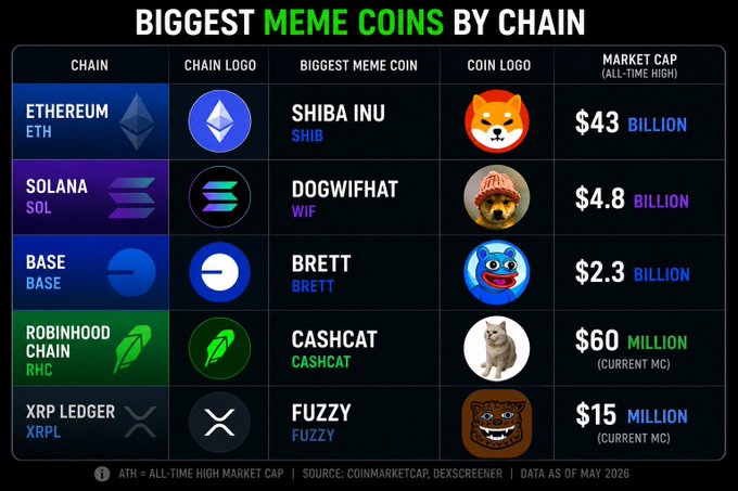 The image is a chart titled "BIGGEST MEME COINS BY CHAIN," showing the top meme coin on five blockchains: Ethereum (SHIB at $43B ATH), Solana (WIF at $4.8B), Base (BRETT at $2.3B), Robinhood Chain (CASHCAT at $60M current MC), and XRP Ledger (FUZZY at $15M current MC). This supports the post's claim that XRP memes are undervalued, as FUZZY's market cap is dramatically lower than the top meme coins on other major chains.