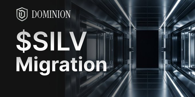 A banner-style graphic displays the text "DOMINION" with a logo, "$SILV Migration" in large white letters, set against a dark futuristic corridor with server racks.