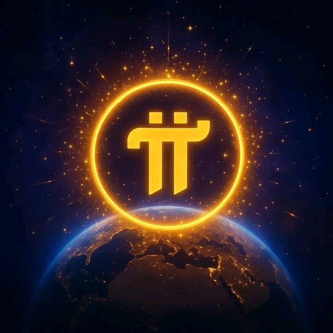 Glowing golden Pi (π) symbol encircled in a radiant ring, floating above an illuminated Earth at night against a starry cosmic background.