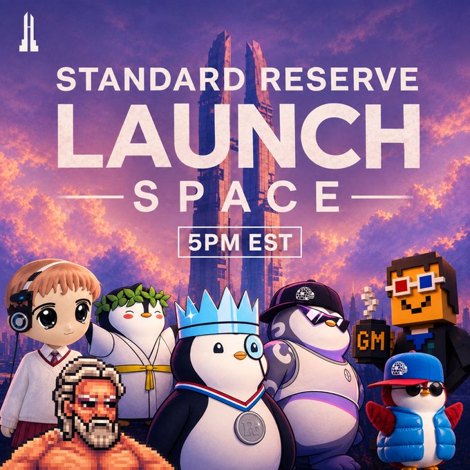 A promotional poster reading "STANDARD RESERVE LAUNCH SPACE 5PM EST" featuring various cartoon characters and penguins in front of a futuristic tower.