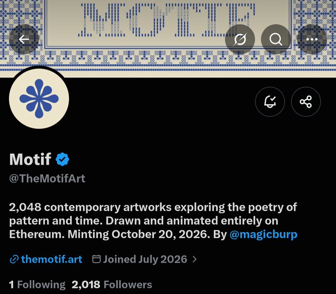 A screenshot of the Twitter/X profile for "Motif" (@TheMotifArt), an Ethereum-based NFT collection by @magicburp featuring 2,048 contemporary artworks exploring pattern and time, with 2,018 followers and scheduled to mint in October 2026.