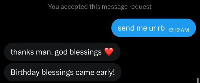 A screenshot of a direct message conversation shows a user replying "send me ur rb" at 12:12 AM, followed by a reply thanking them with "thanks man. god blessings ❤️" and "Birthday blessings came early!" — illustrating a follower responding to the creator's giveaway offer by sharing their Rainbet username.