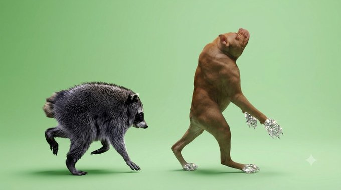 A humorous image on a green background showing a raccoon appearing to chase or approach a brown, hairless dog or animal wearing sparkly high heels and accessories.