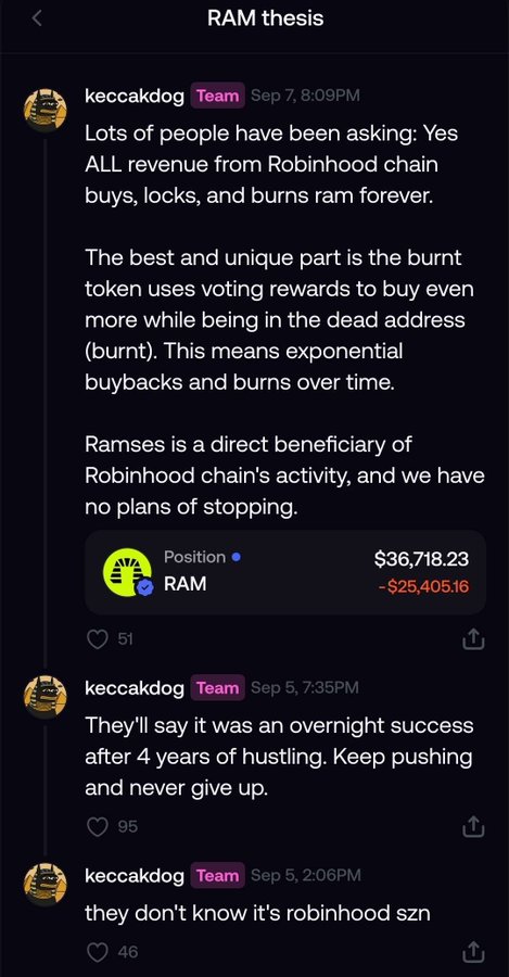 A screenshot of a Discord channel called 'RAM thesis' where user 'keccakdog' posts updates about Robinhood chain revenue buybacks and burns, alongside a position card showing RAM at $36,718.23.