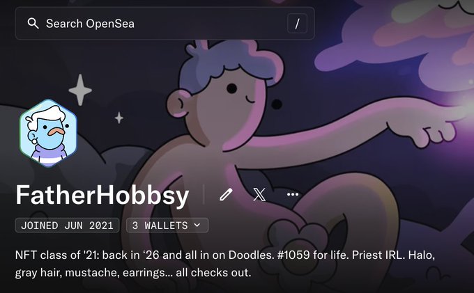 An OpenSea profile page for 'FatherHobbsy,' featuring a cartoon character pointing, with the bio reading 'NFT class of '21; back in '26 and all in on Doodles. #1059 for life. Priest IRL. Halo, gray hair, mustache, earrings... all checks out.'