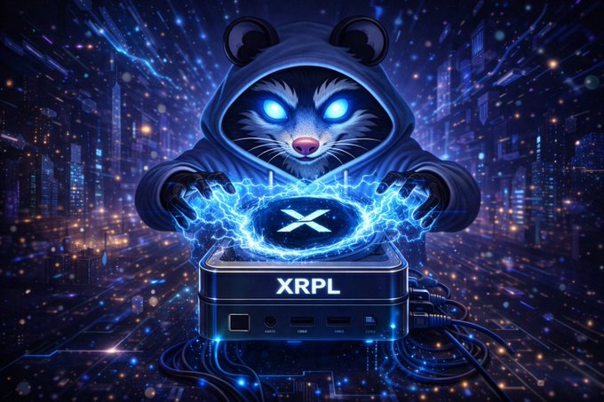A digital illustration of a masked cat-like character with glowing blue eyes hovering over an 'XRPL' device with an 'X' symbol, set against a futuristic cityscape.