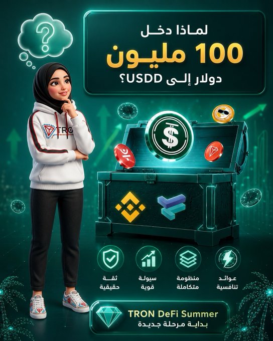 The image highlights a question in Arabic asking "Why did $100 million enter USDD?" and features a chest overflowing with USDD coins, along with various crypto symbols, representing the TRON DeFi Summer ecosystem.