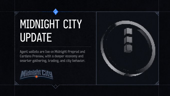 A 'MIDNIGHT CITY UPDATE' graphic announcing that agent wallets are live on Midnight Preprod and Cardano Preview, with the Midnight City logo displayed.