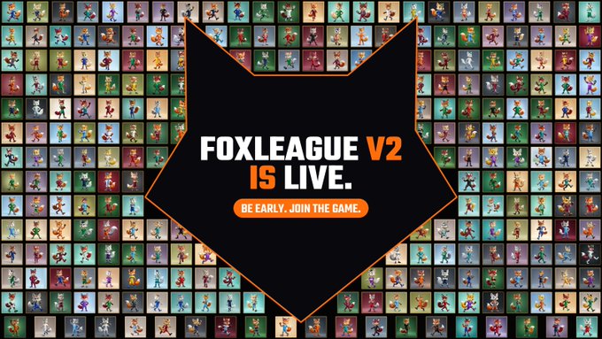 Promotional graphic for 'FOXLEAGUE V2 IS LIVE' with the tagline 'BE EARLY. JOIN THE GAME,' set against a background grid of pixel-art fox characters.