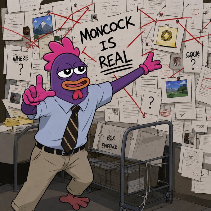A cartoon purple rooster character in a shirt and tie pointing at a conspiracy board covered with connected documents, featuring the text "MONCOCK IS REAL" with questions about location and identity.