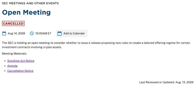 An SEC meeting announcement page showing an Open Meeting scheduled for Aug 14, 2026 at 10:00AM ET marked as 'CANCELLED', which was intended to consider new rules for crypto asset investment contracts.